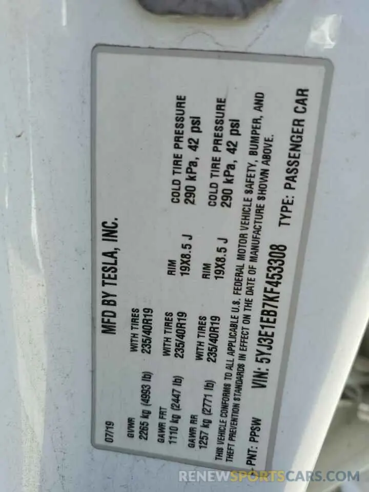 14 Photograph of a damaged car 5YJ3E1EB7KF453308 TESLA MODEL 3 2019