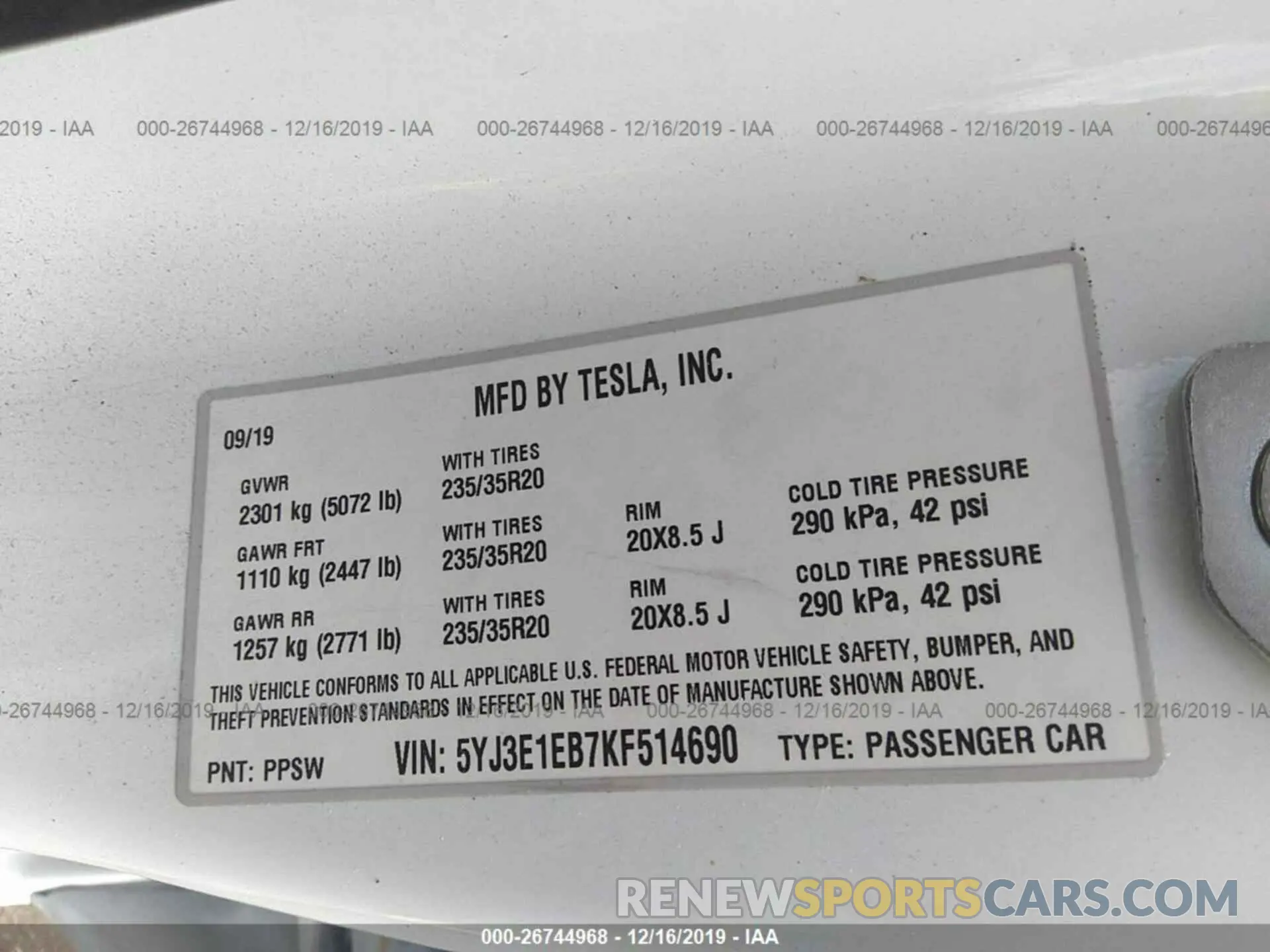 9 Photograph of a damaged car 5YJ3E1EB7KF514690 TESLA MODEL 3 2019