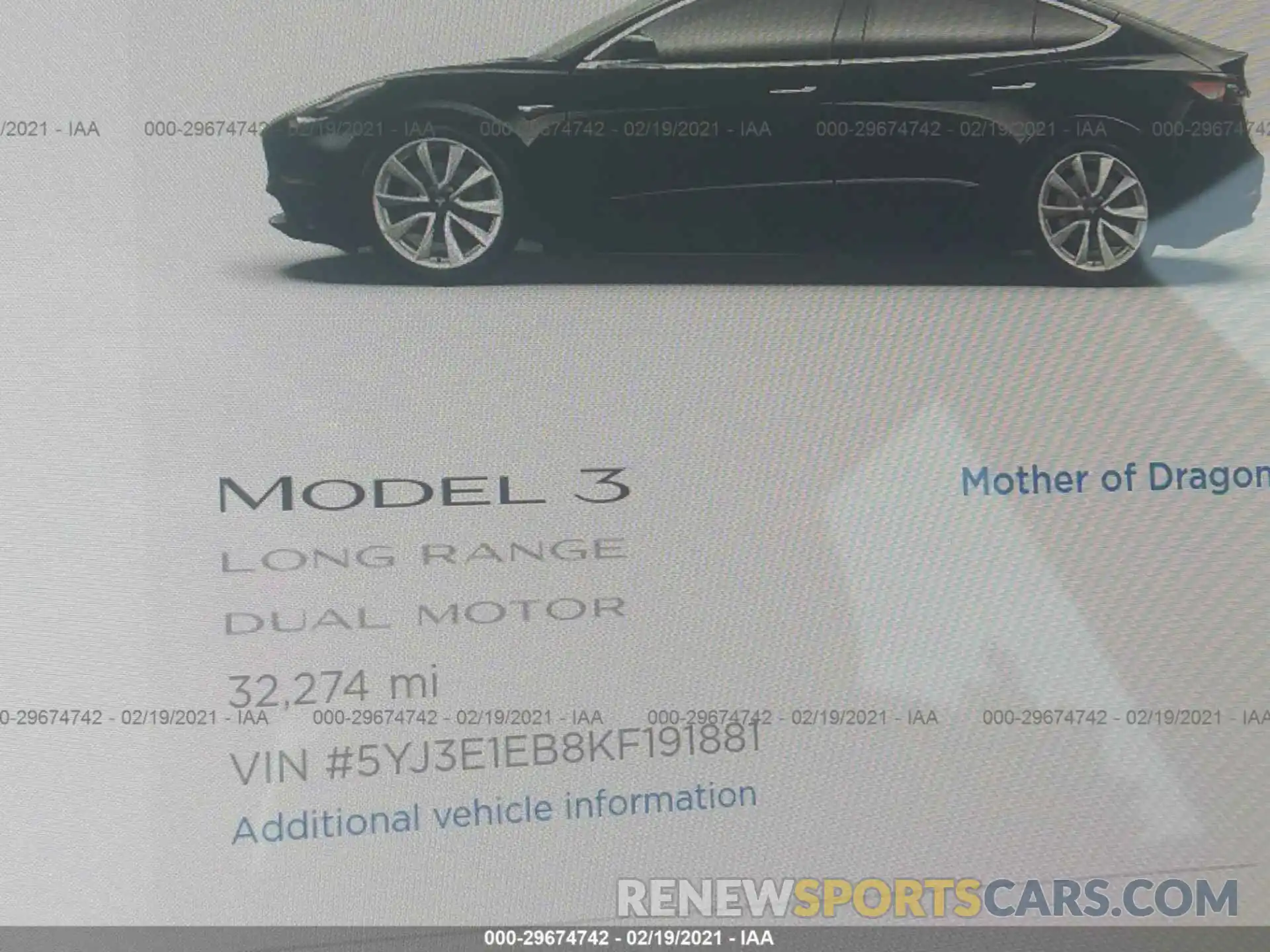 7 Photograph of a damaged car 5YJ3E1EB8KF191881 TESLA MODEL 3 2019