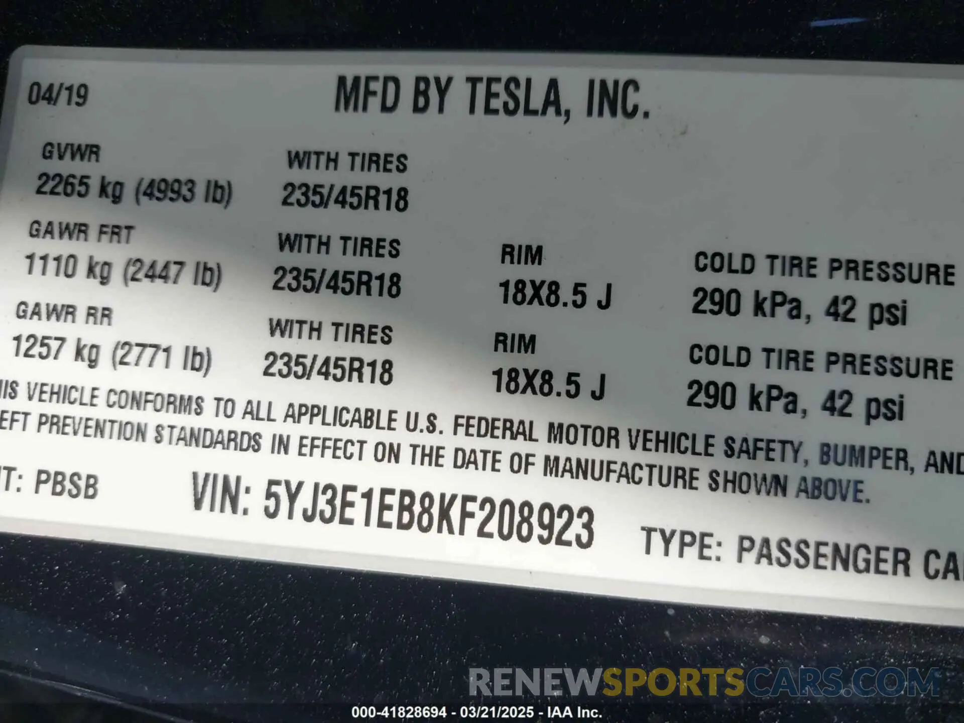 9 Photograph of a damaged car 5YJ3E1EB8KF208923 TESLA MODEL 3 2019
