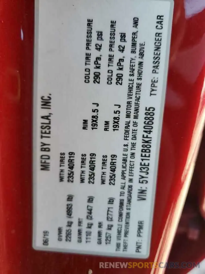 12 Photograph of a damaged car 5YJ3E1EB8KF406885 TESLA MODEL 3 2019