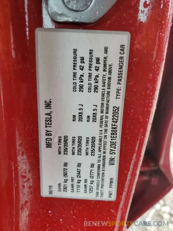 12 Photograph of a damaged car 5YJ3E1EB8KF422052 TESLA MODEL 3 2019