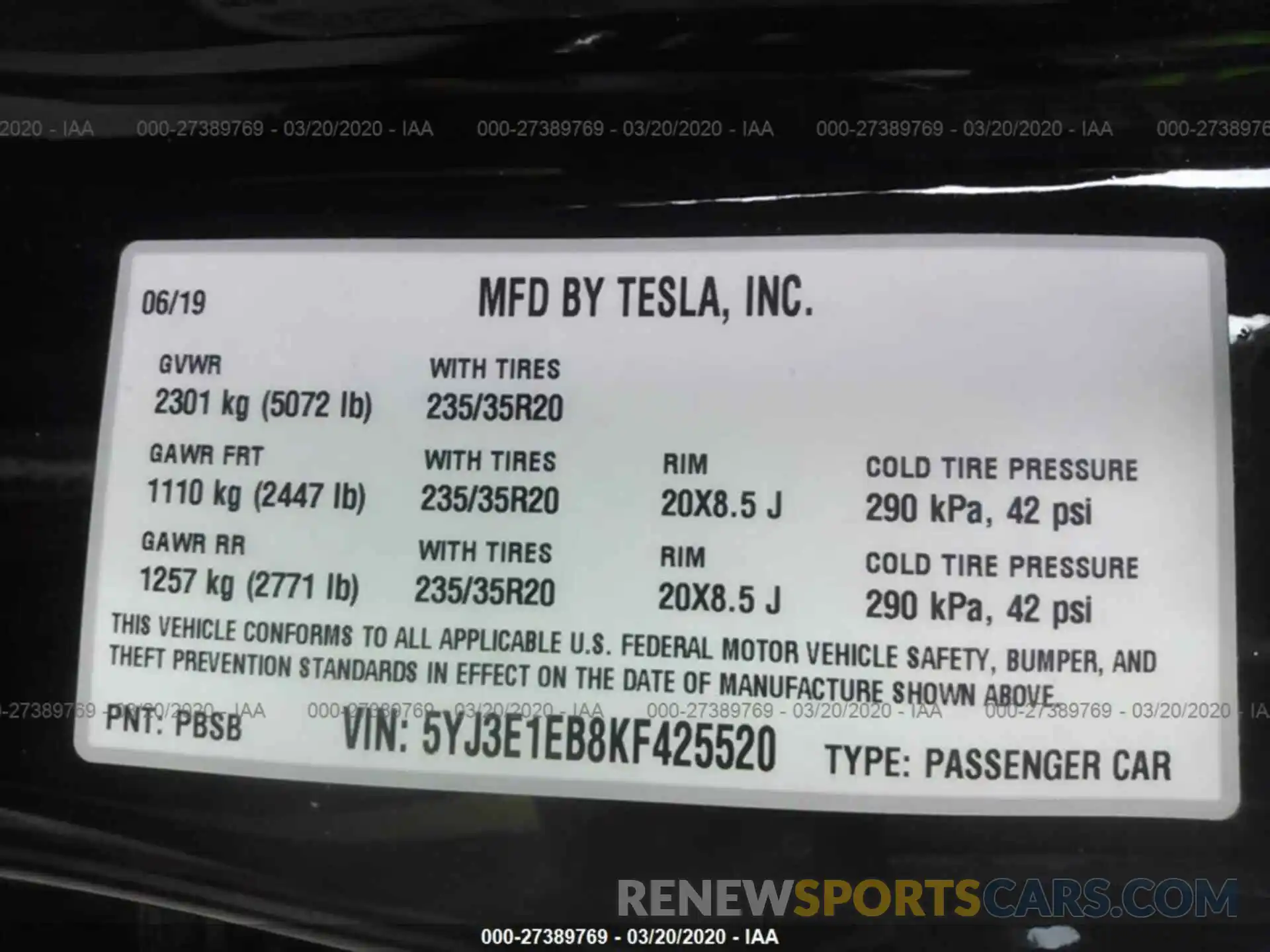 9 Photograph of a damaged car 5YJ3E1EB8KF425520 TESLA MODEL 3 2019