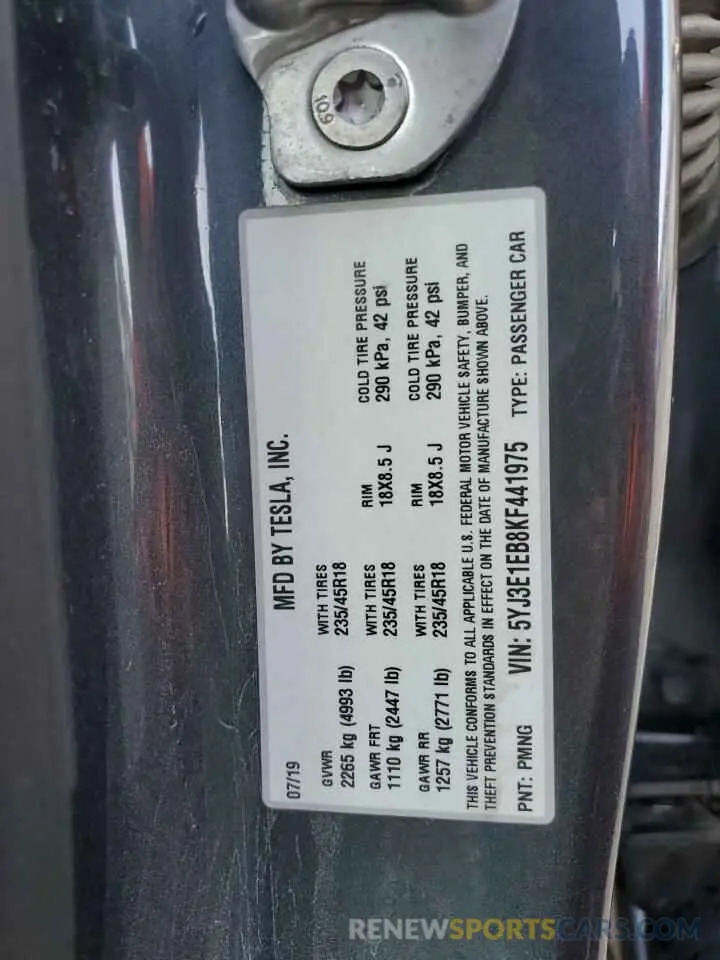 13 Photograph of a damaged car 5YJ3E1EB8KF441975 TESLA MODEL 3 2019