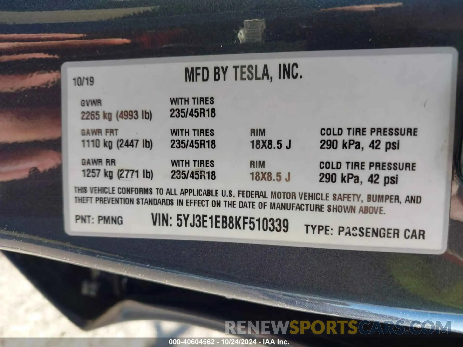9 Photograph of a damaged car 5YJ3E1EB8KF510339 TESLA MODEL 3 2019