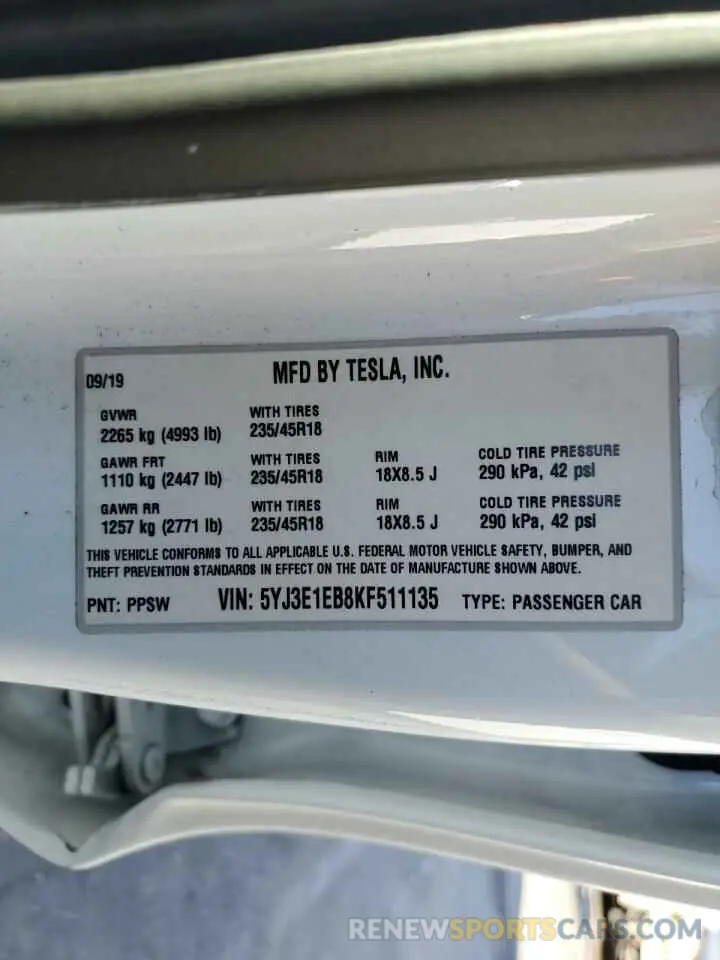 12 Photograph of a damaged car 5YJ3E1EB8KF511135 TESLA MODEL 3 2019