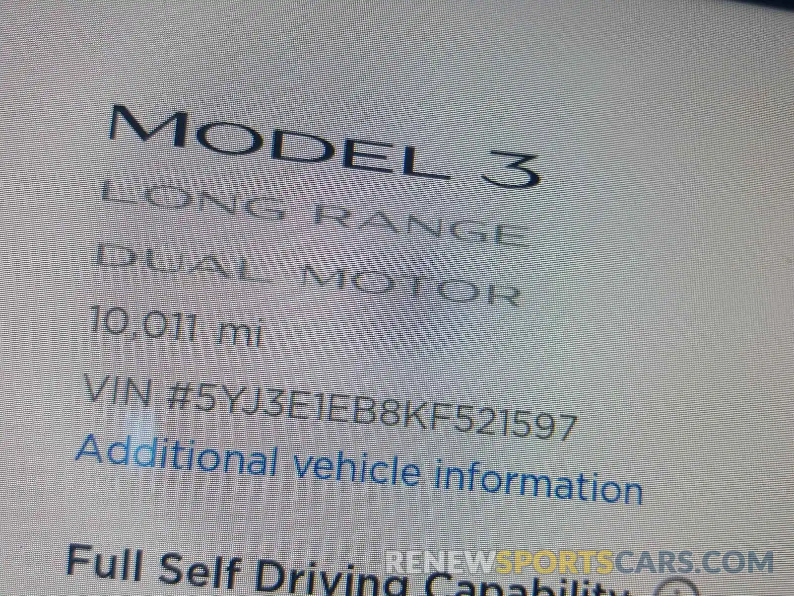 8 Photograph of a damaged car 5YJ3E1EB8KF521597 TESLA MODEL 3 2019