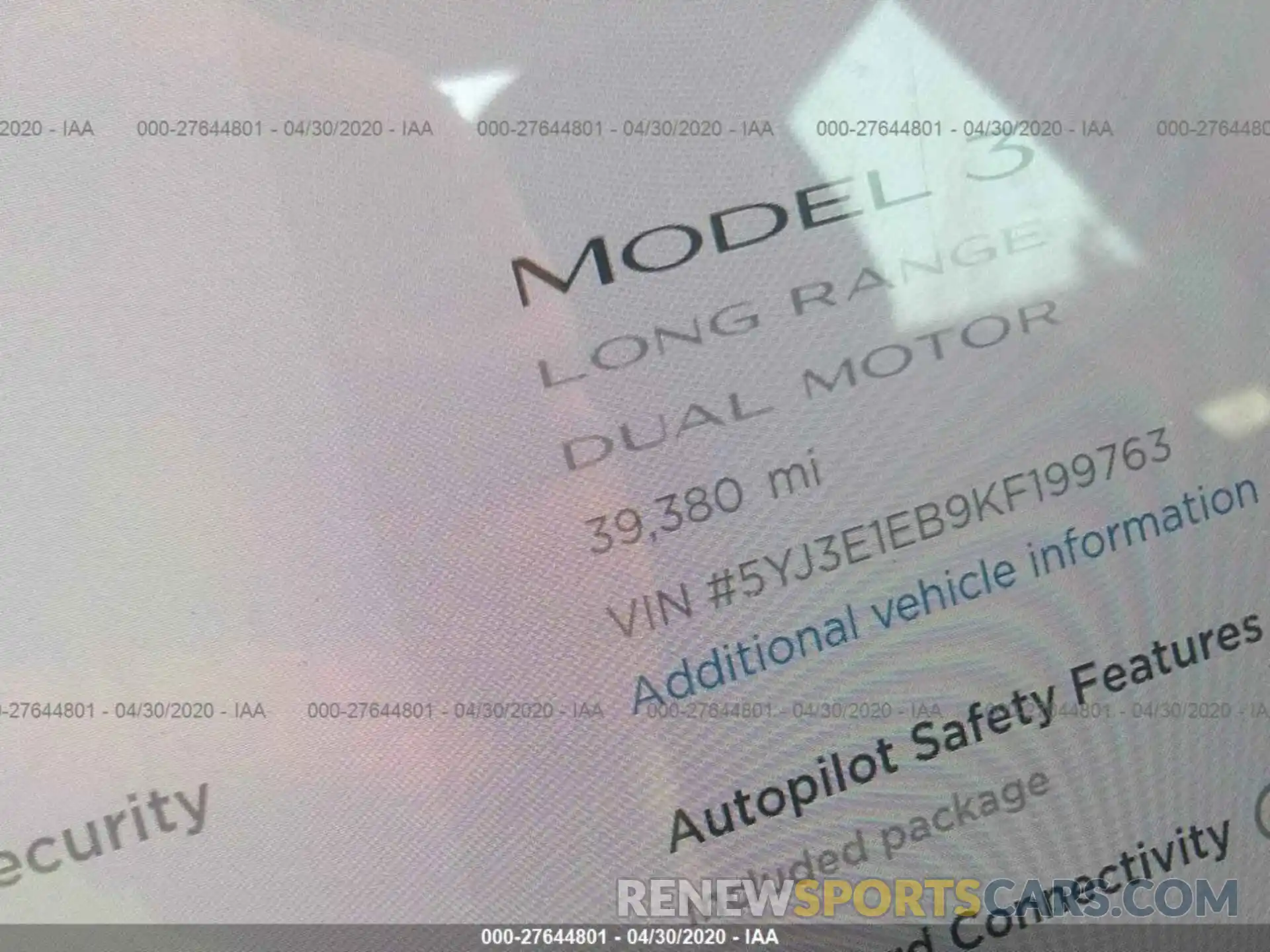 7 Photograph of a damaged car 5YJ3E1EB9KF199763 TESLA MODEL 3 2019