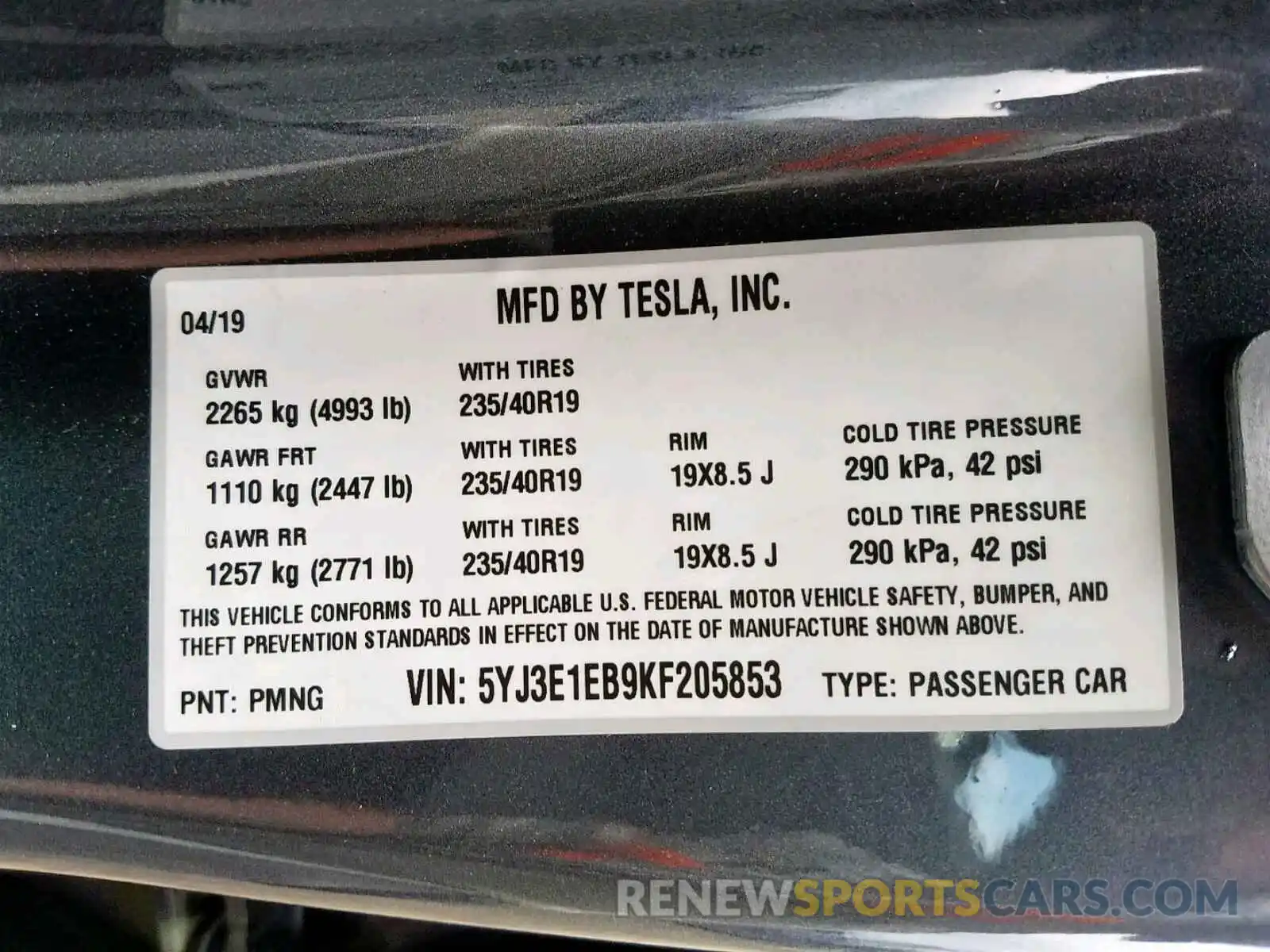 10 Photograph of a damaged car 5YJ3E1EB9KF205853 TESLA MODEL 3 2019