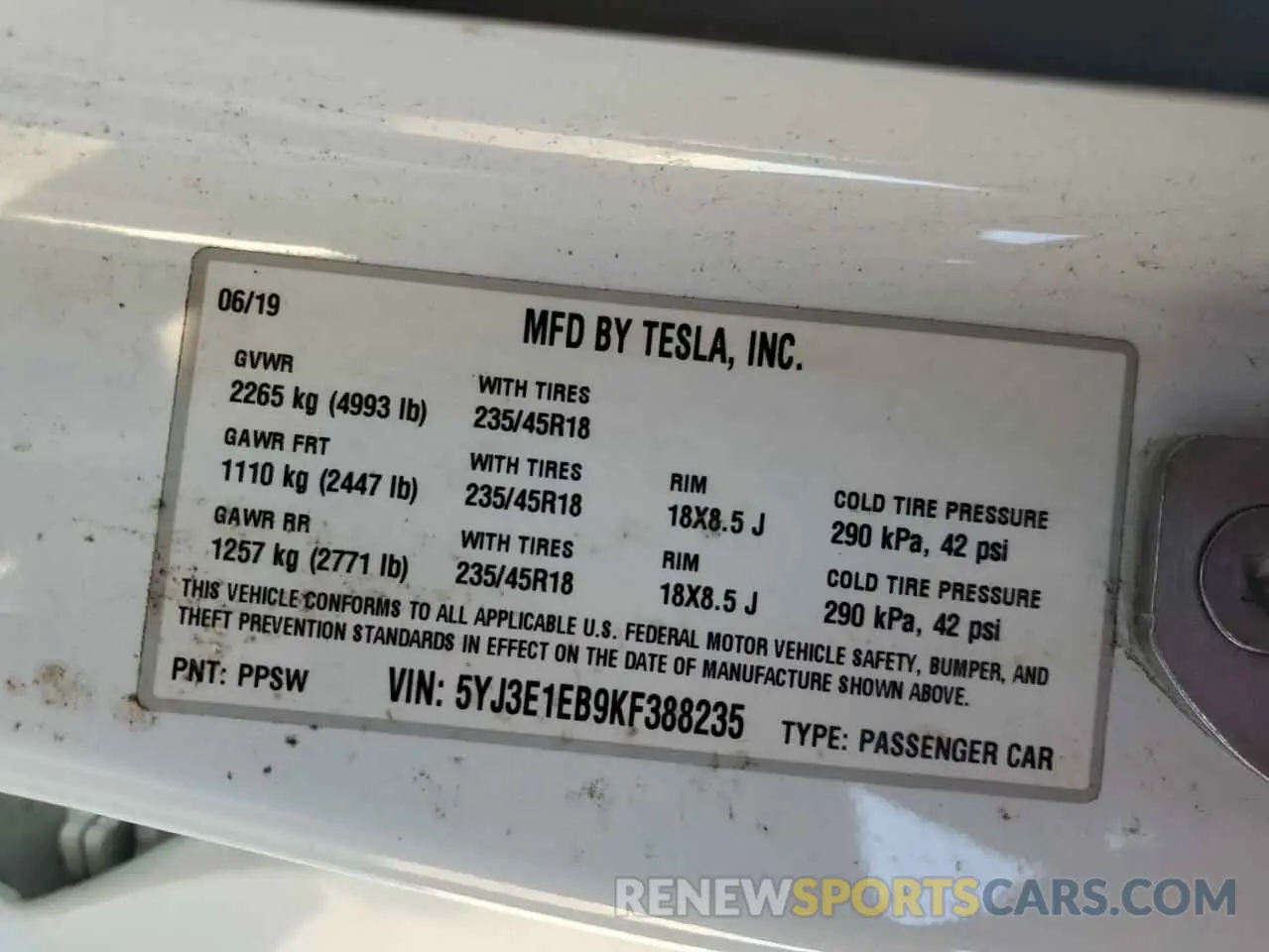 12 Photograph of a damaged car 5YJ3E1EB9KF388235 TESLA MODEL 3 2019