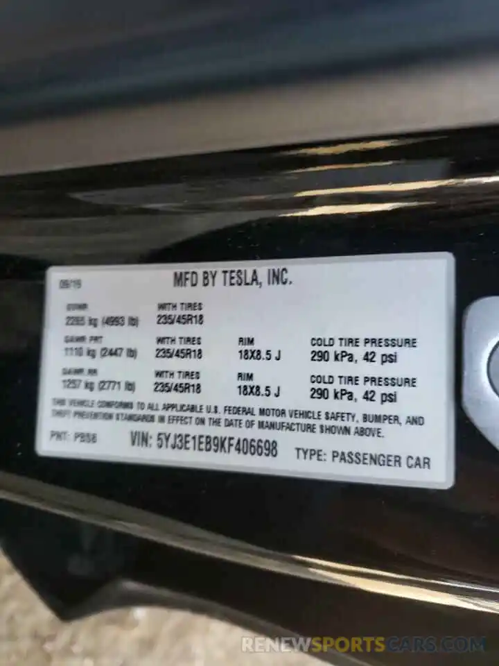 10 Photograph of a damaged car 5YJ3E1EB9KF406698 TESLA MODEL 3 2019