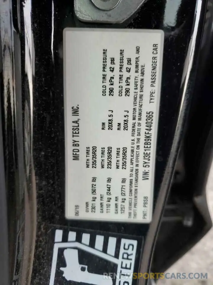 12 Photograph of a damaged car 5YJ3E1EB9KF440365 TESLA MODEL 3 2019