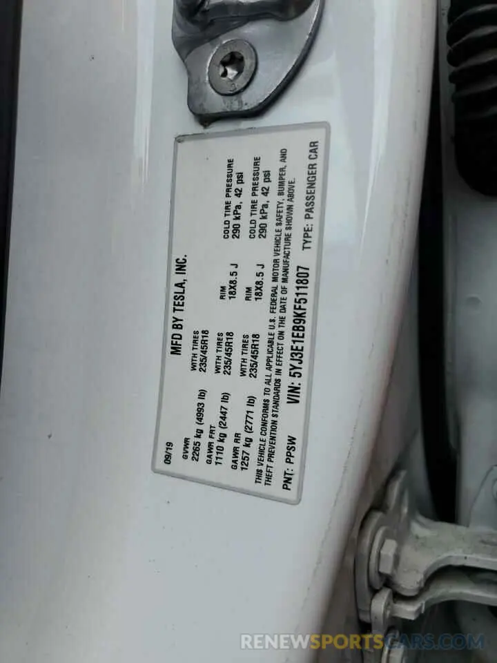 13 Photograph of a damaged car 5YJ3E1EB9KF511807 TESLA MODEL 3 2019