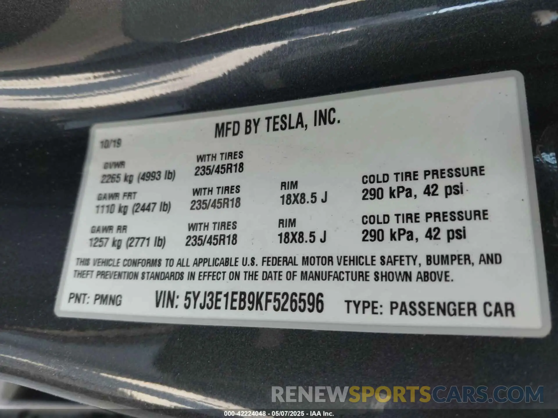 9 Photograph of a damaged car 5YJ3E1EB9KF526596 TESLA MODEL 3 2019