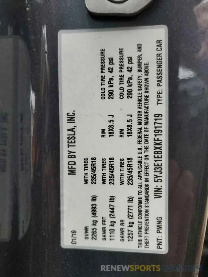 12 Photograph of a damaged car 5YJ3E1EBXKF191719 TESLA MODEL 3 2019