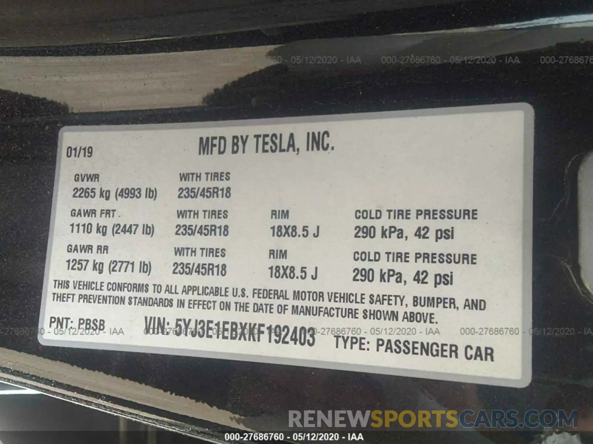 9 Photograph of a damaged car 5YJ3E1EBXKF192403 TESLA MODEL 3 2019