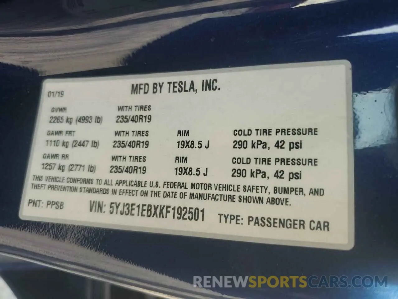 12 Photograph of a damaged car 5YJ3E1EBXKF192501 TESLA MODEL 3 2019