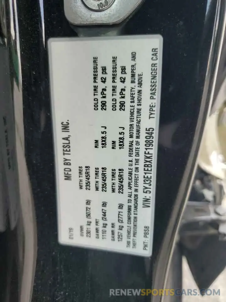 12 Photograph of a damaged car 5YJ3E1EBXKF198945 TESLA MODEL 3 2019