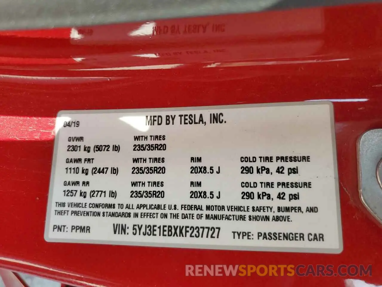 13 Photograph of a damaged car 5YJ3E1EBXKF237727 TESLA MODEL 3 2019