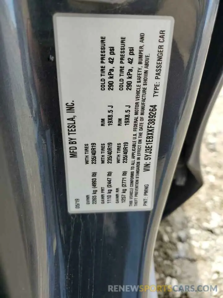 12 Photograph of a damaged car 5YJ3E1EBXKF389264 TESLA MODEL 3 2019