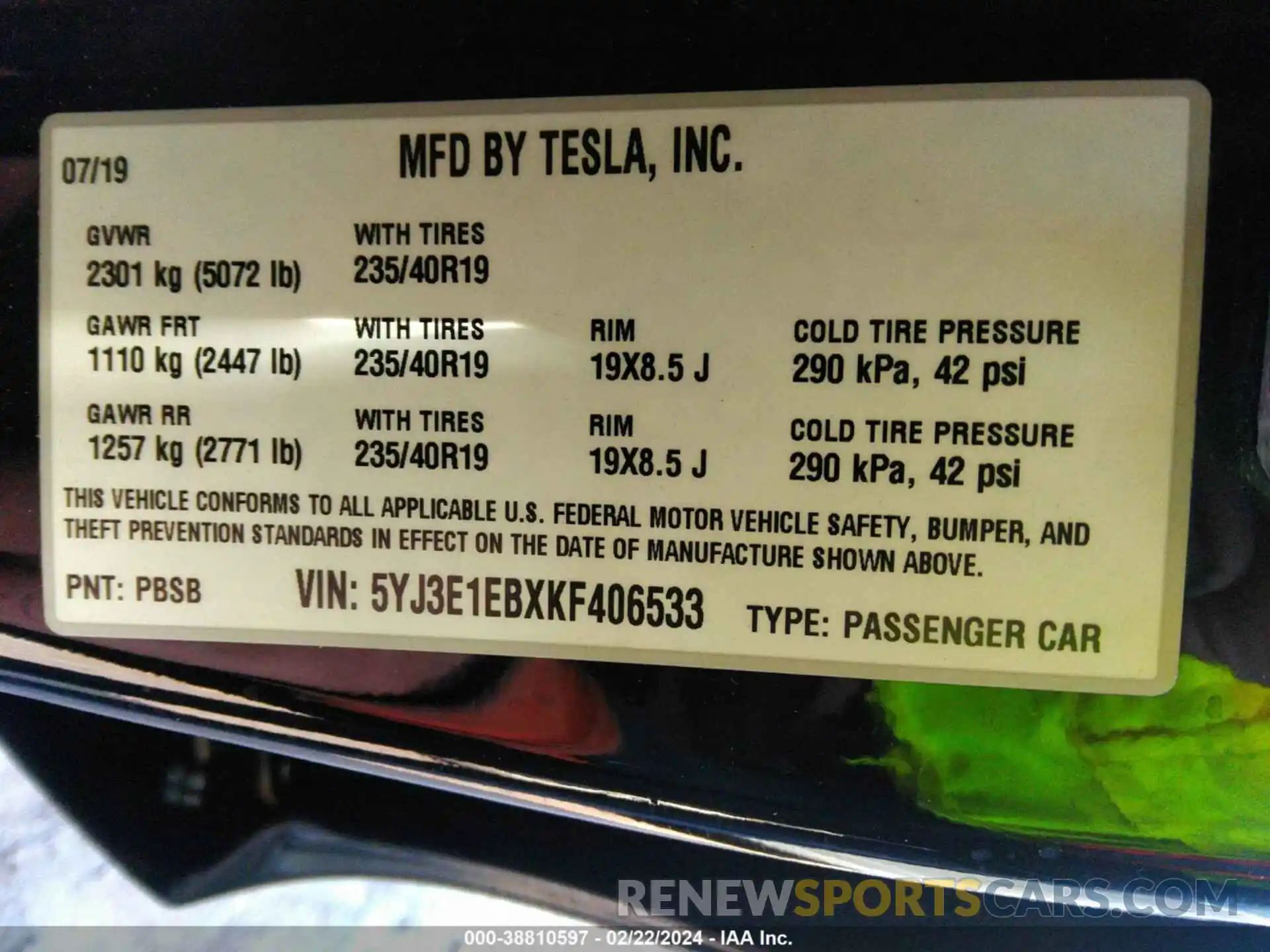 9 Photograph of a damaged car 5YJ3E1EBXKF406533 TESLA MODEL 3 2019