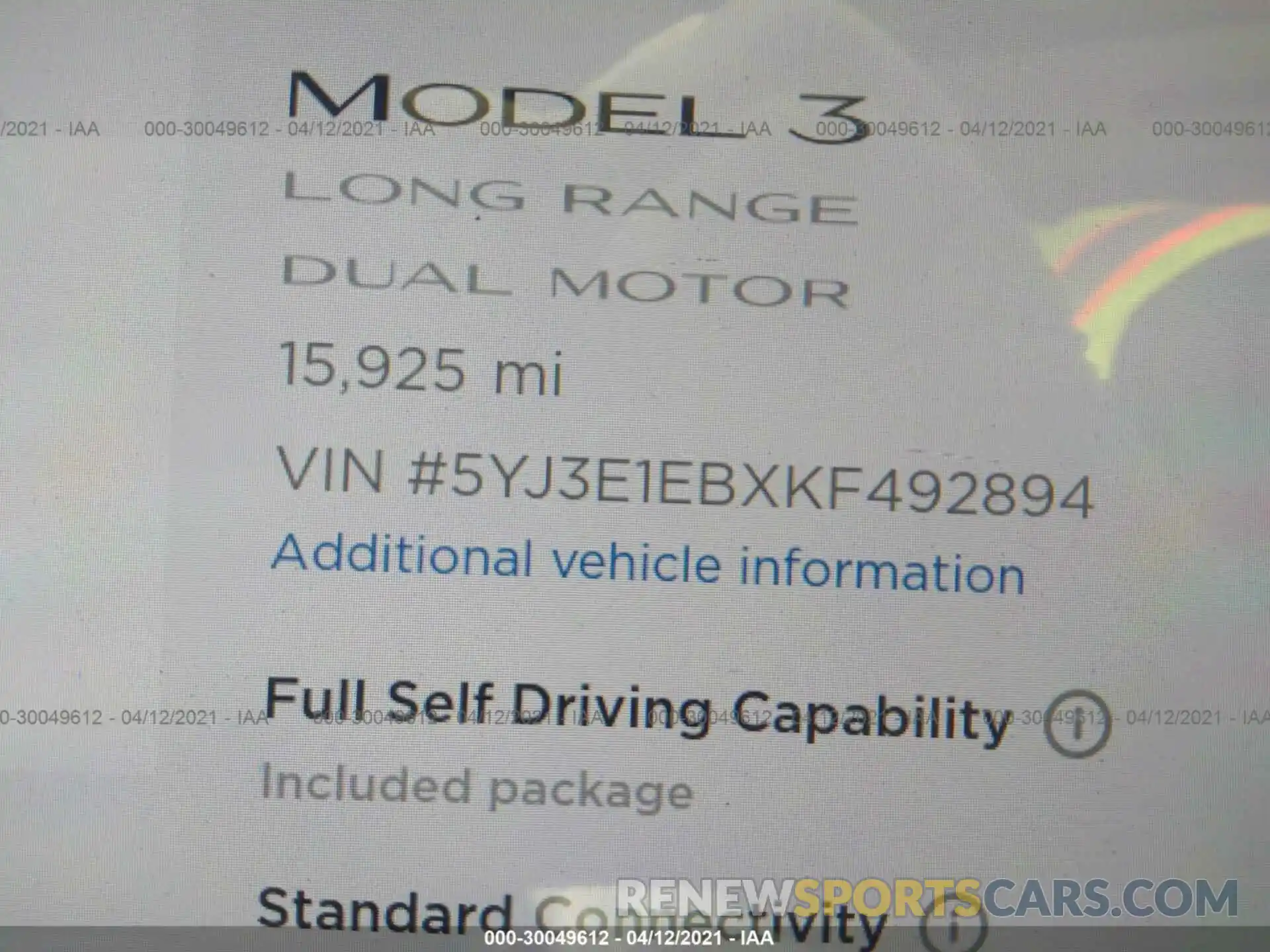 7 Photograph of a damaged car 5YJ3E1EBXKF492894 TESLA MODEL 3 2019