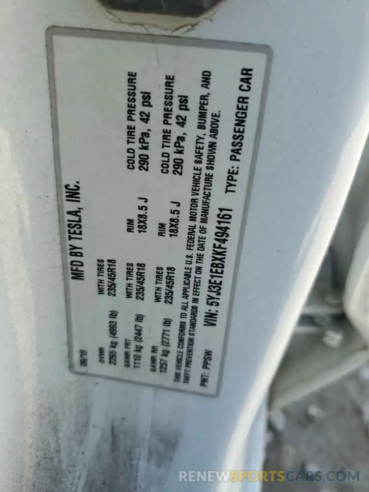 12 Photograph of a damaged car 5YJ3E1EBXKF494161 TESLA MODEL 3 2019