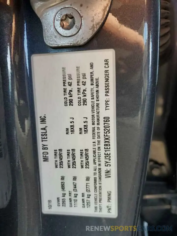 12 Photograph of a damaged car 5YJ3E1EBXKF520760 TESLA MODEL 3 2019