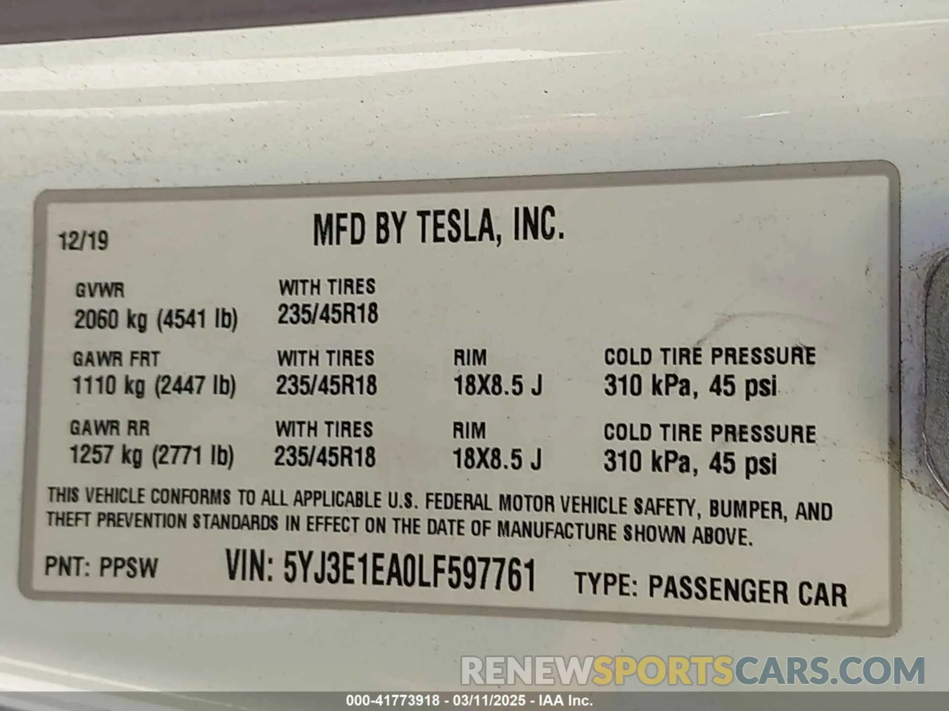 9 Photograph of a damaged car 5YJ3E1EA0LF597761 TESLA MODEL 3 2020