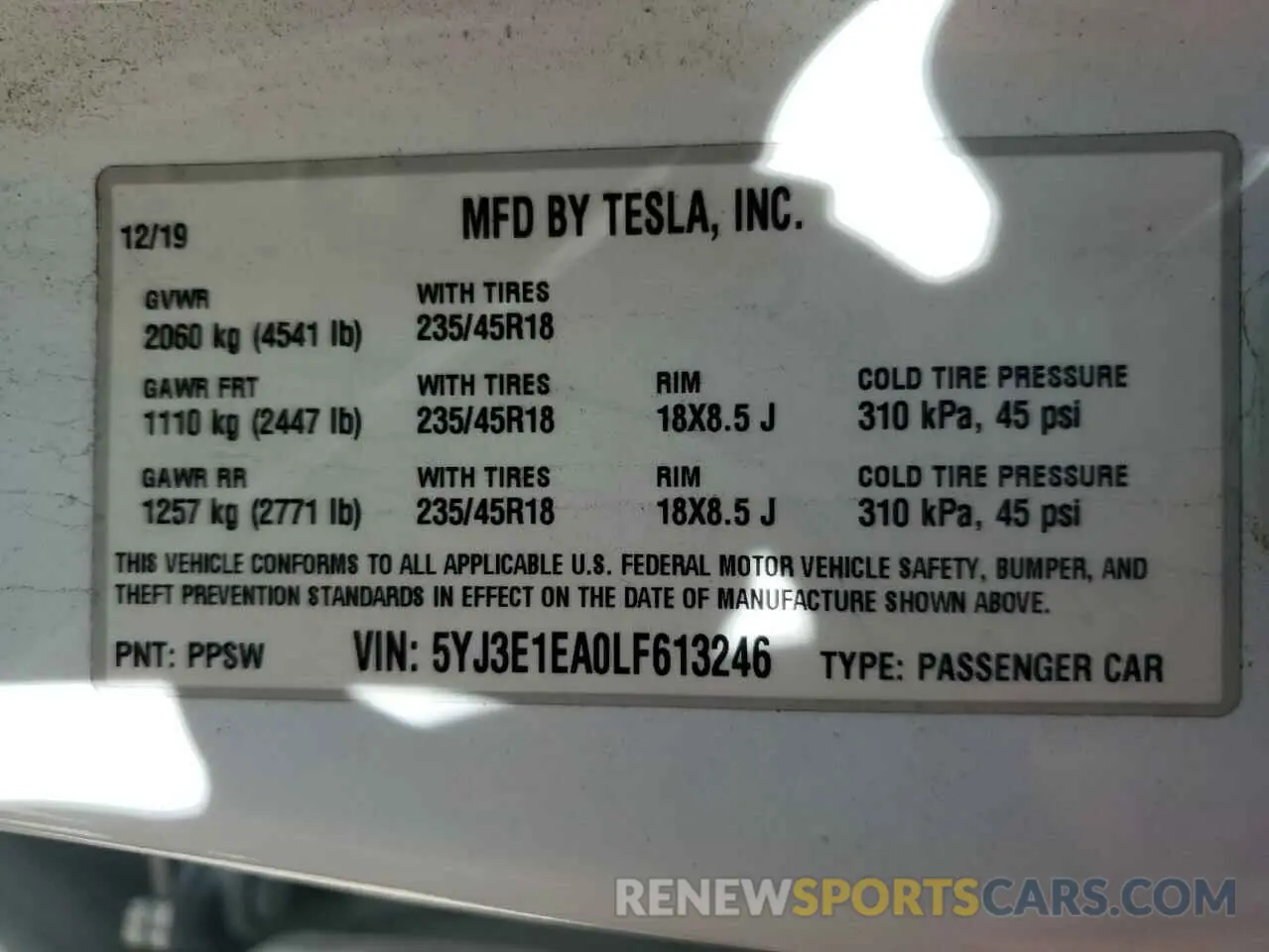 12 Photograph of a damaged car 5YJ3E1EA0LF613246 TESLA MODEL 3 2020