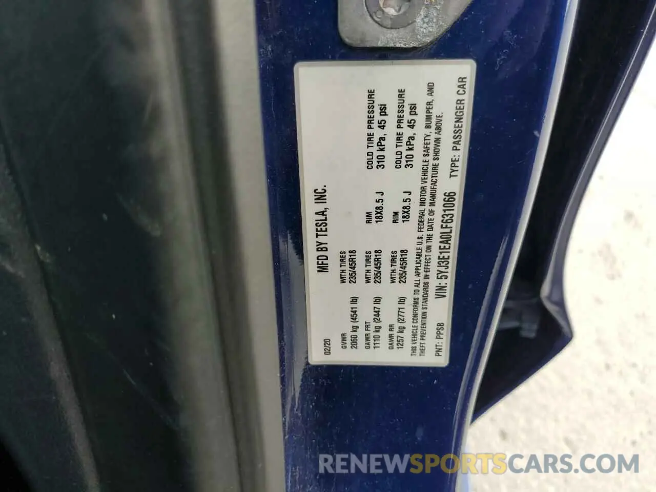 12 Photograph of a damaged car 5YJ3E1EA0LF631066 TESLA MODEL 3 2020