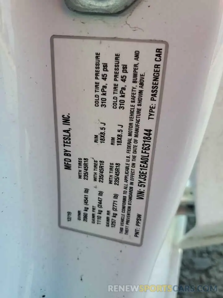 12 Photograph of a damaged car 5YJ3E1EA0LF631844 TESLA MODEL 3 2020