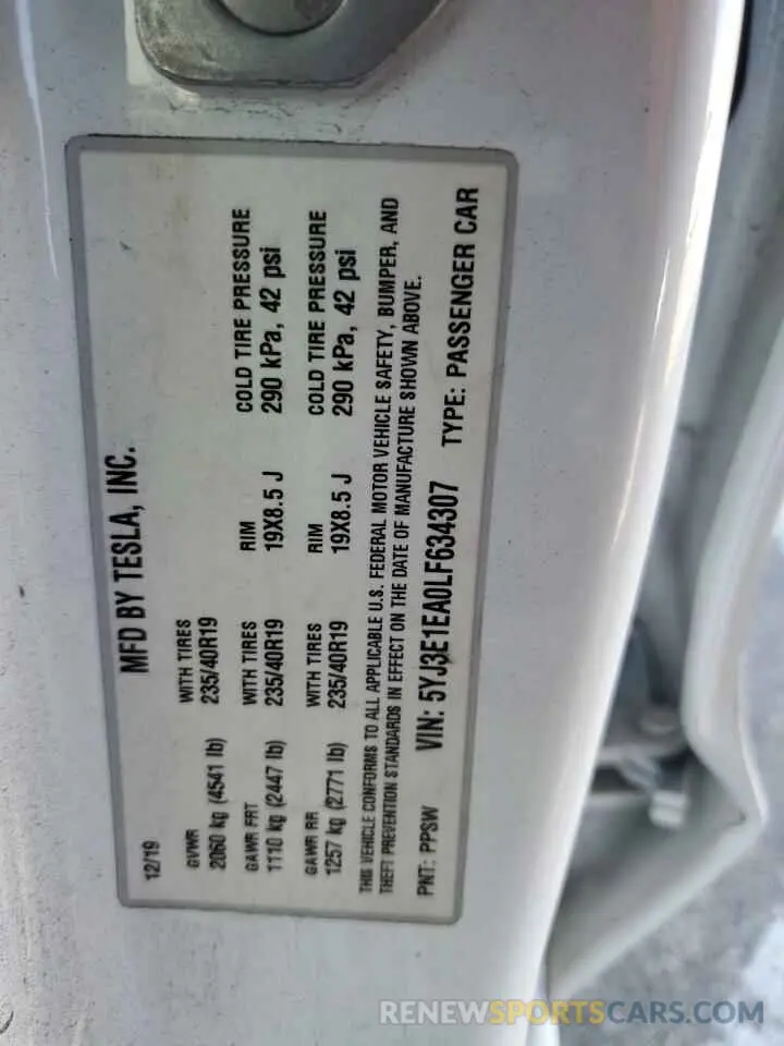12 Photograph of a damaged car 5YJ3E1EA0LF634307 TESLA MODEL 3 2020