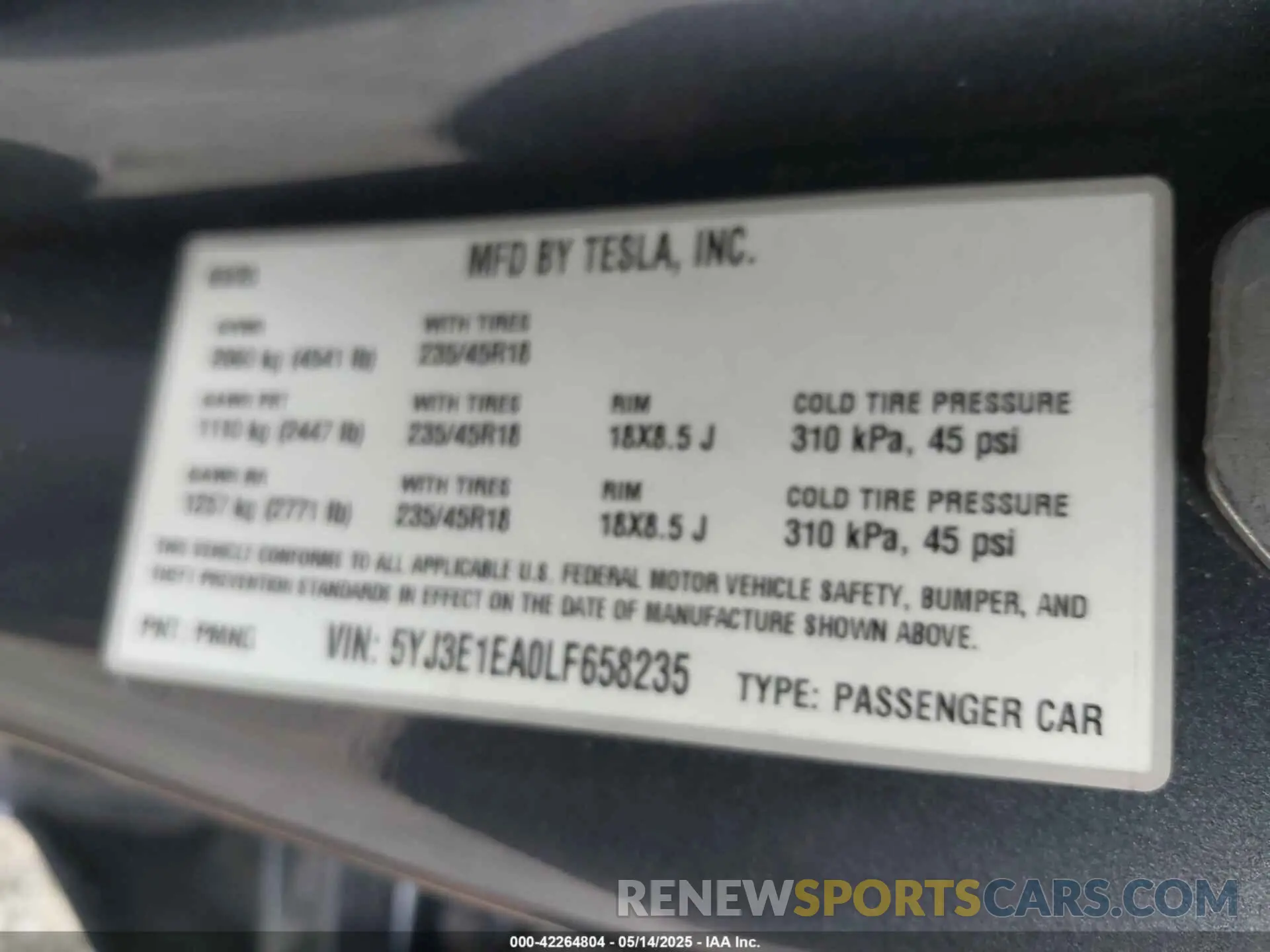 8 Photograph of a damaged car 5YJ3E1EA0LF658235 TESLA MODEL 3 2020