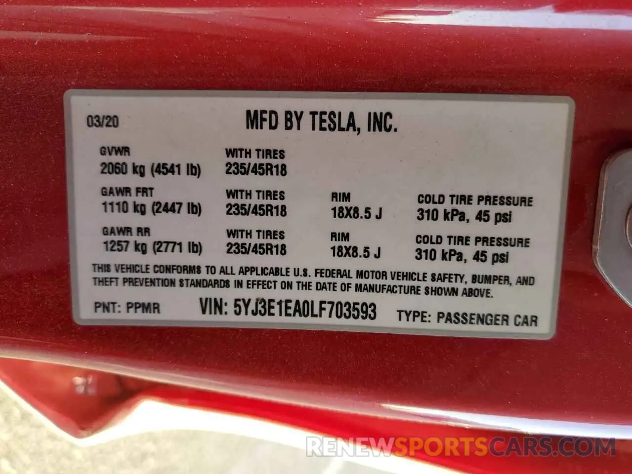 13 Photograph of a damaged car 5YJ3E1EA0LF703593 TESLA MODEL 3 2020