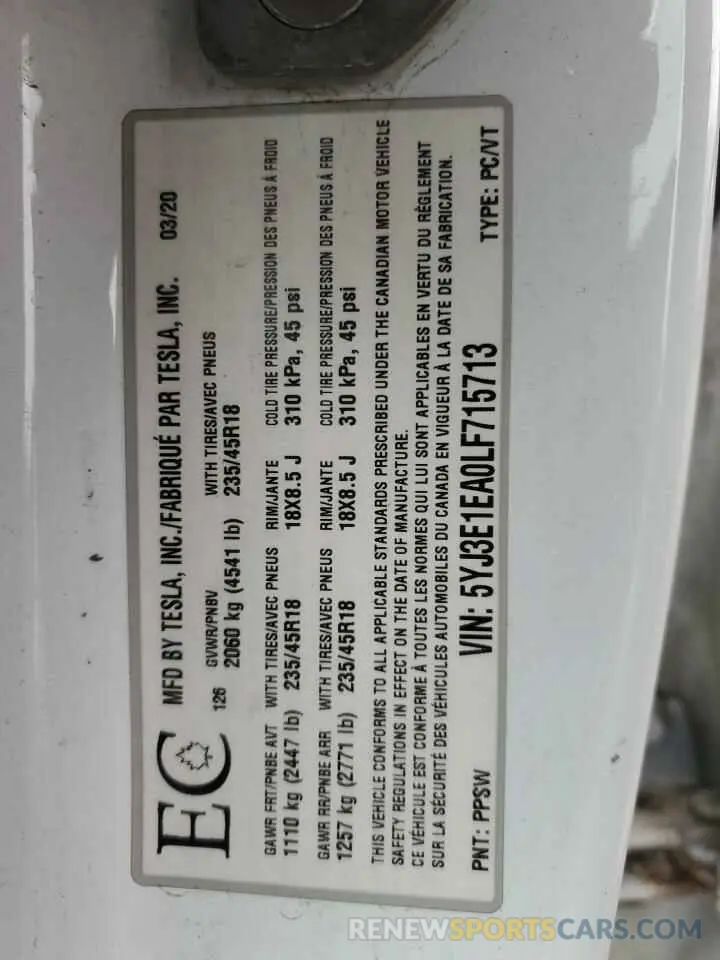 12 Photograph of a damaged car 5YJ3E1EA0LF715713 TESLA MODEL 3 2020