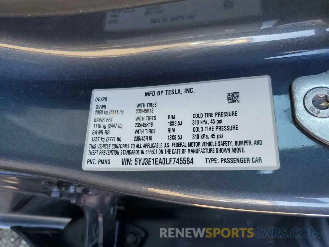 10 Photograph of a damaged car 5YJ3E1EA0LF745584 TESLA MODEL 3 2020