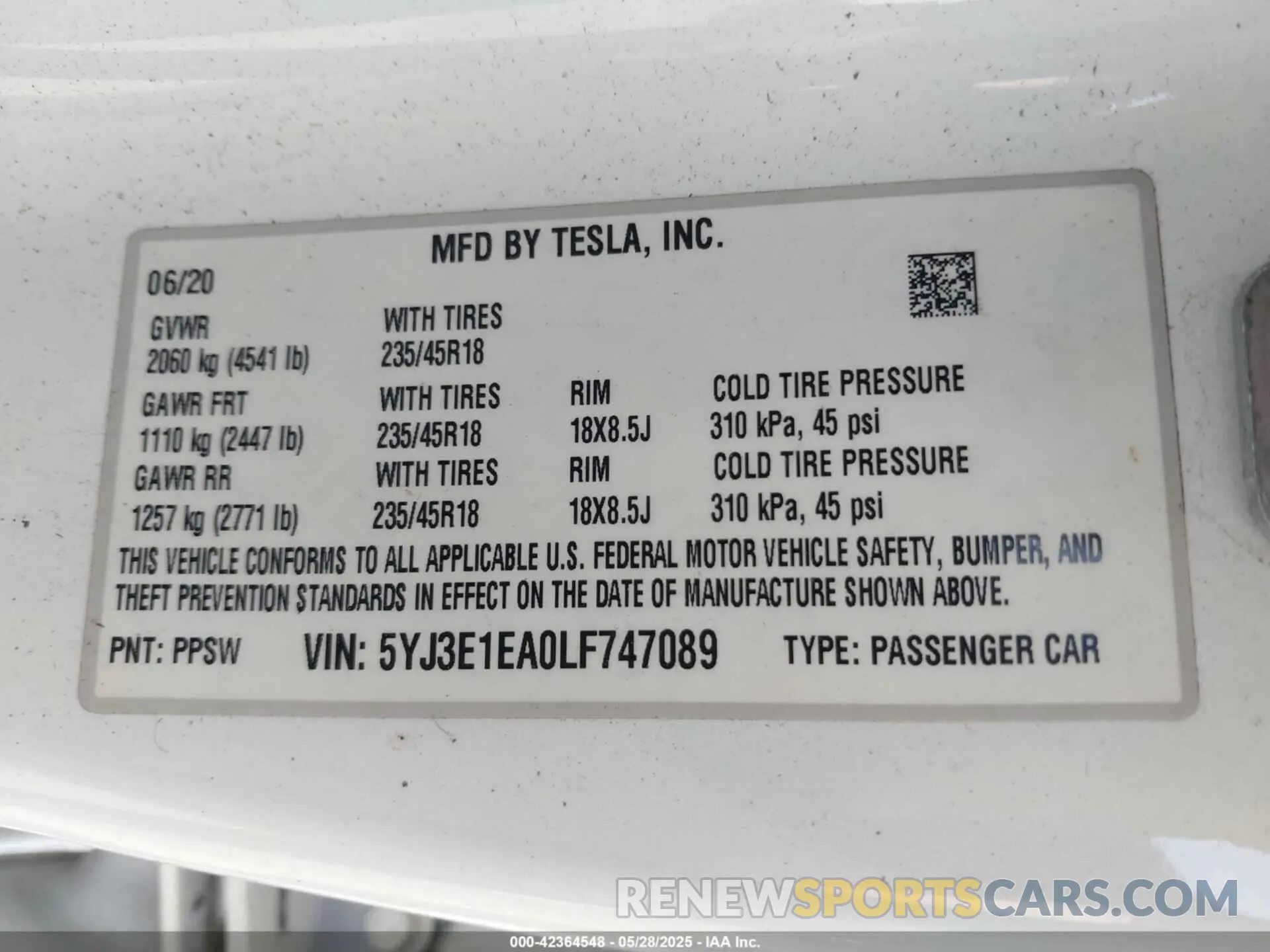 9 Photograph of a damaged car 5YJ3E1EA0LF747089 TESLA MODEL 3 2020