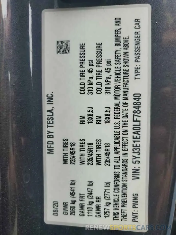 12 Photograph of a damaged car 5YJ3E1EA0LF784840 TESLA MODEL 3 2020