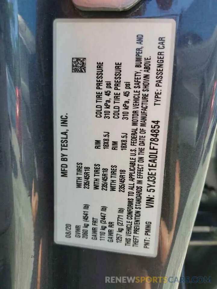 12 Photograph of a damaged car 5YJ3E1EA0LF784854 TESLA MODEL 3 2020