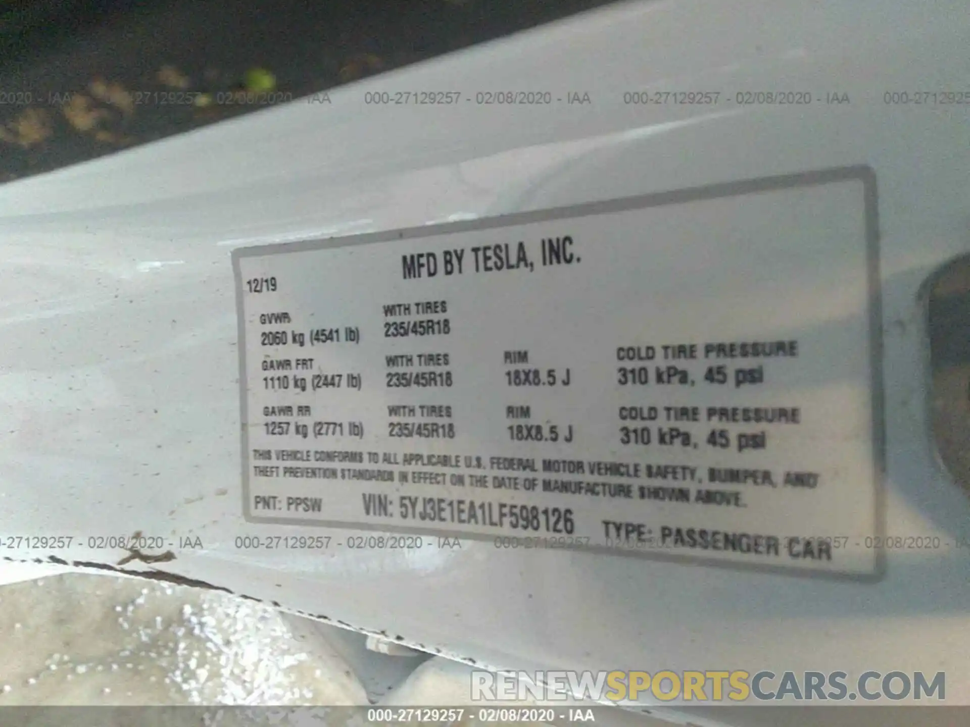 9 Photograph of a damaged car 5YJ3E1EA1LF598126 TESLA MODEL 3 2020