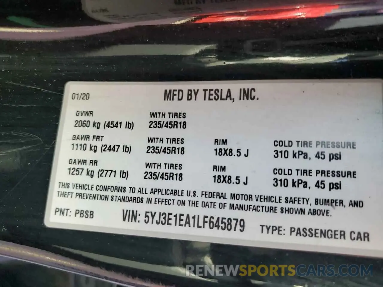12 Photograph of a damaged car 5YJ3E1EA1LF645879 TESLA MODEL 3 2020