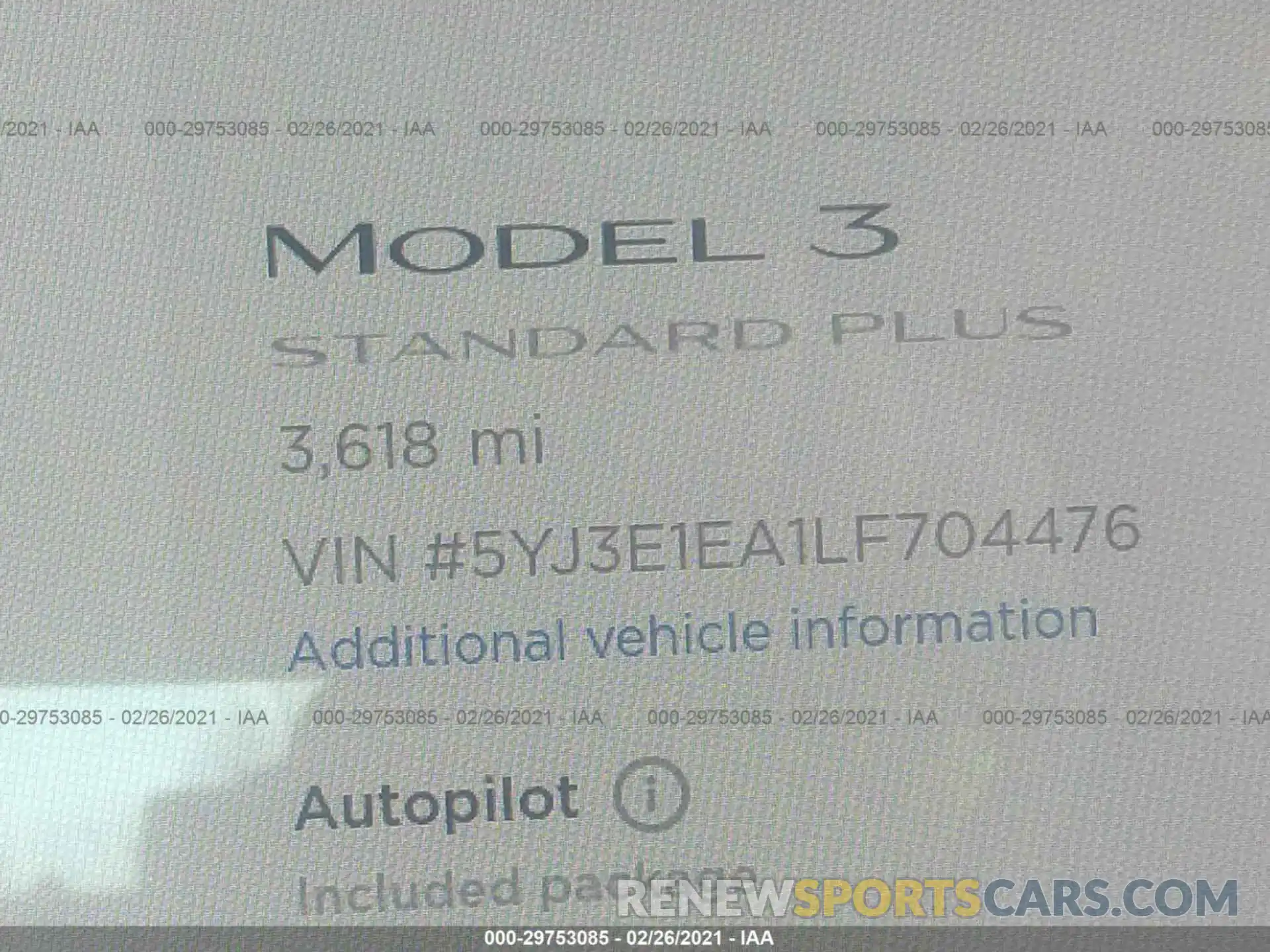 7 Photograph of a damaged car 5YJ3E1EA1LF704476 TESLA MODEL 3 2020