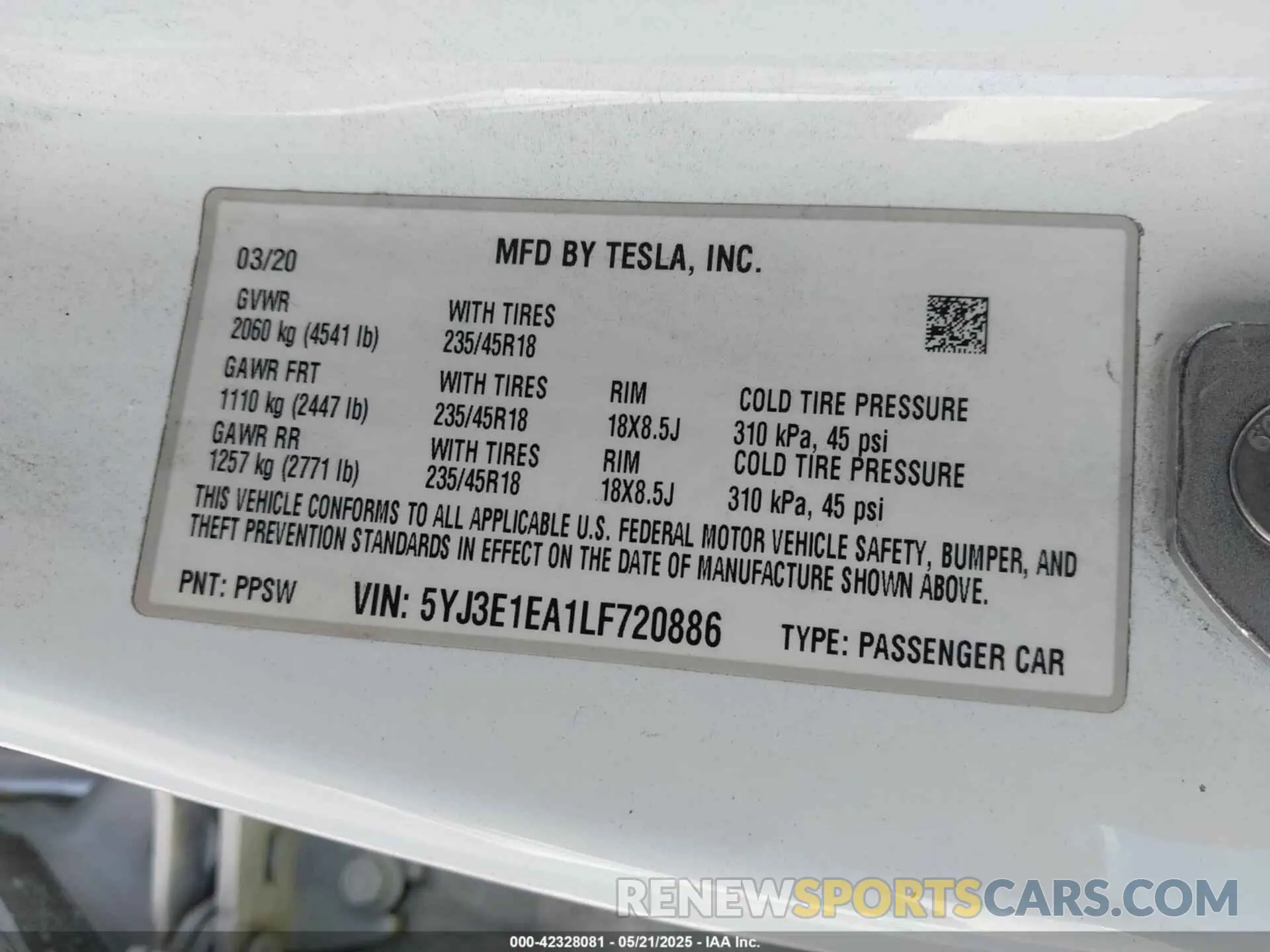 9 Photograph of a damaged car 5YJ3E1EA1LF720886 TESLA MODEL 3 2020