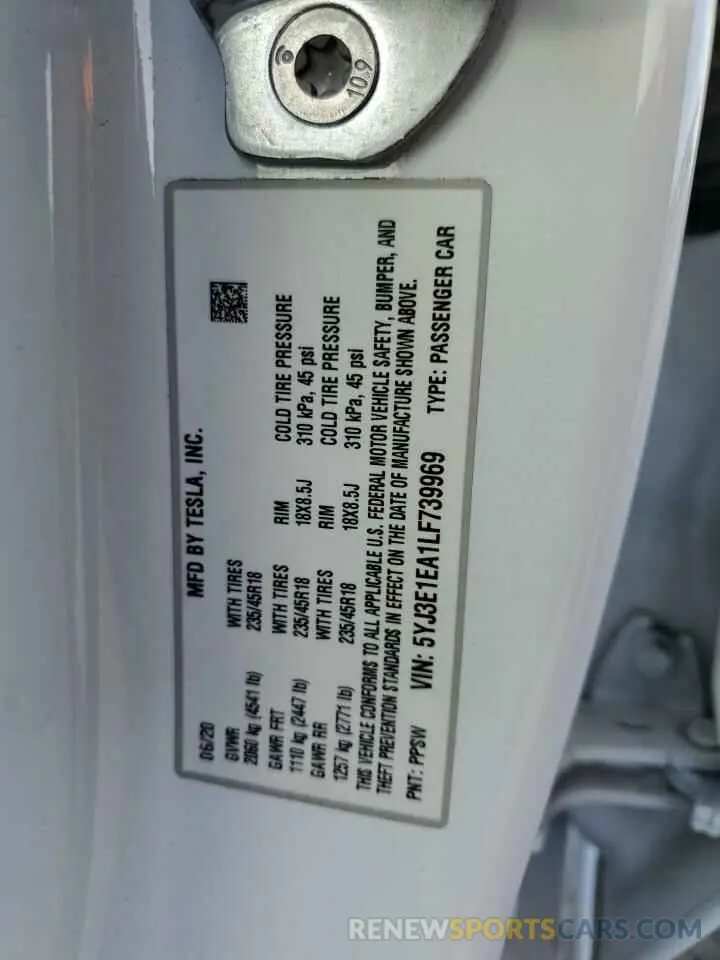 12 Photograph of a damaged car 5YJ3E1EA1LF739969 TESLA MODEL 3 2020