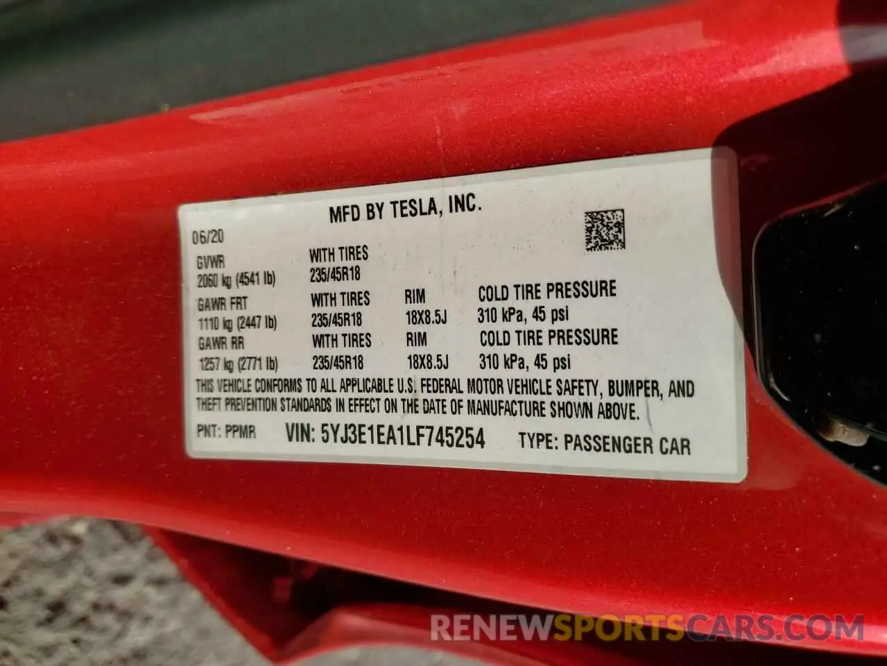 12 Photograph of a damaged car 5YJ3E1EA1LF745254 TESLA MODEL 3 2020
