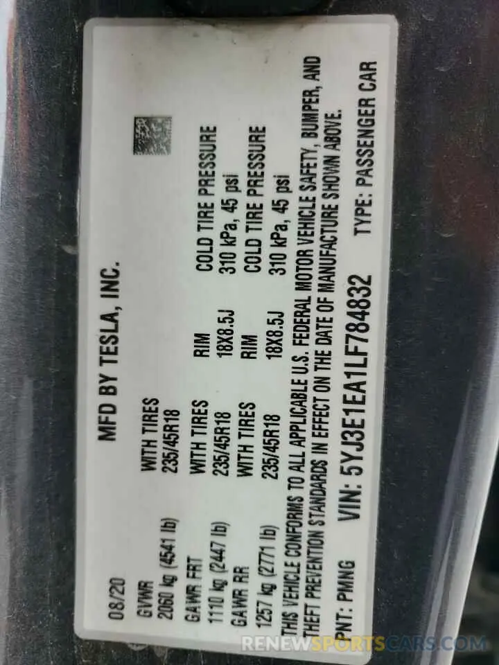12 Photograph of a damaged car 5YJ3E1EA1LF784832 TESLA MODEL 3 2020