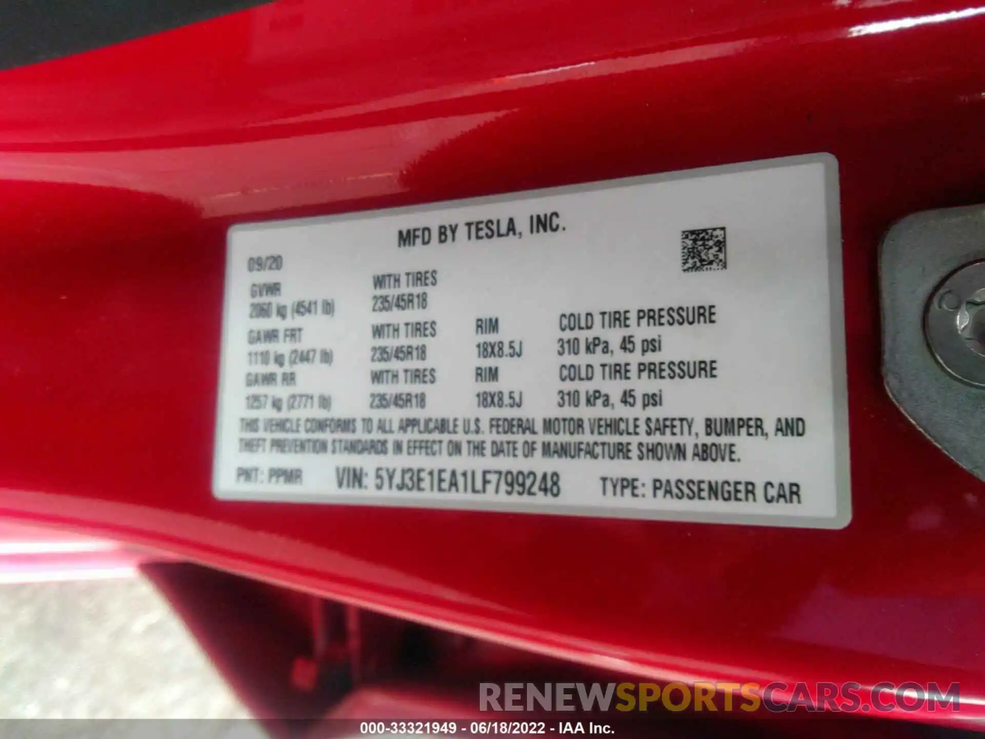 9 Photograph of a damaged car 5YJ3E1EA1LF799248 TESLA MODEL 3 2020