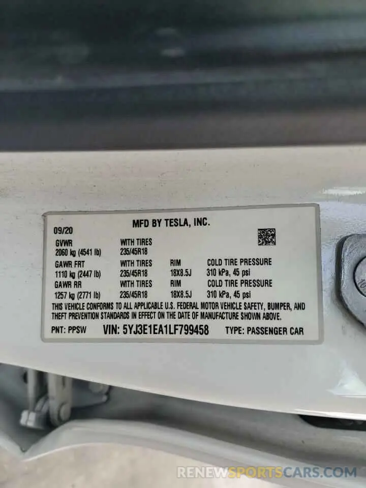 12 Photograph of a damaged car 5YJ3E1EA1LF799458 TESLA MODEL 3 2020