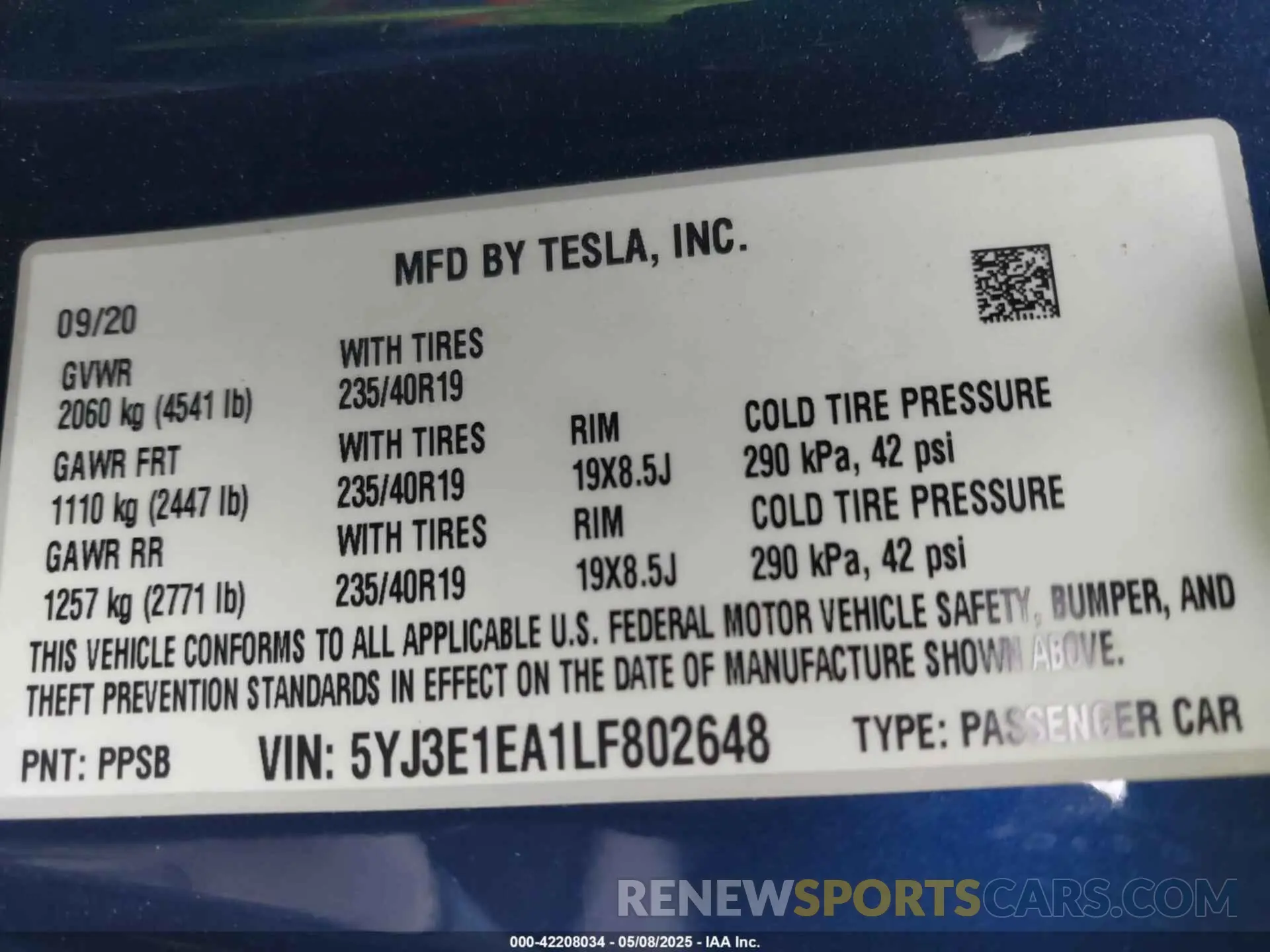 9 Photograph of a damaged car 5YJ3E1EA1LF802648 TESLA MODEL 3 2020